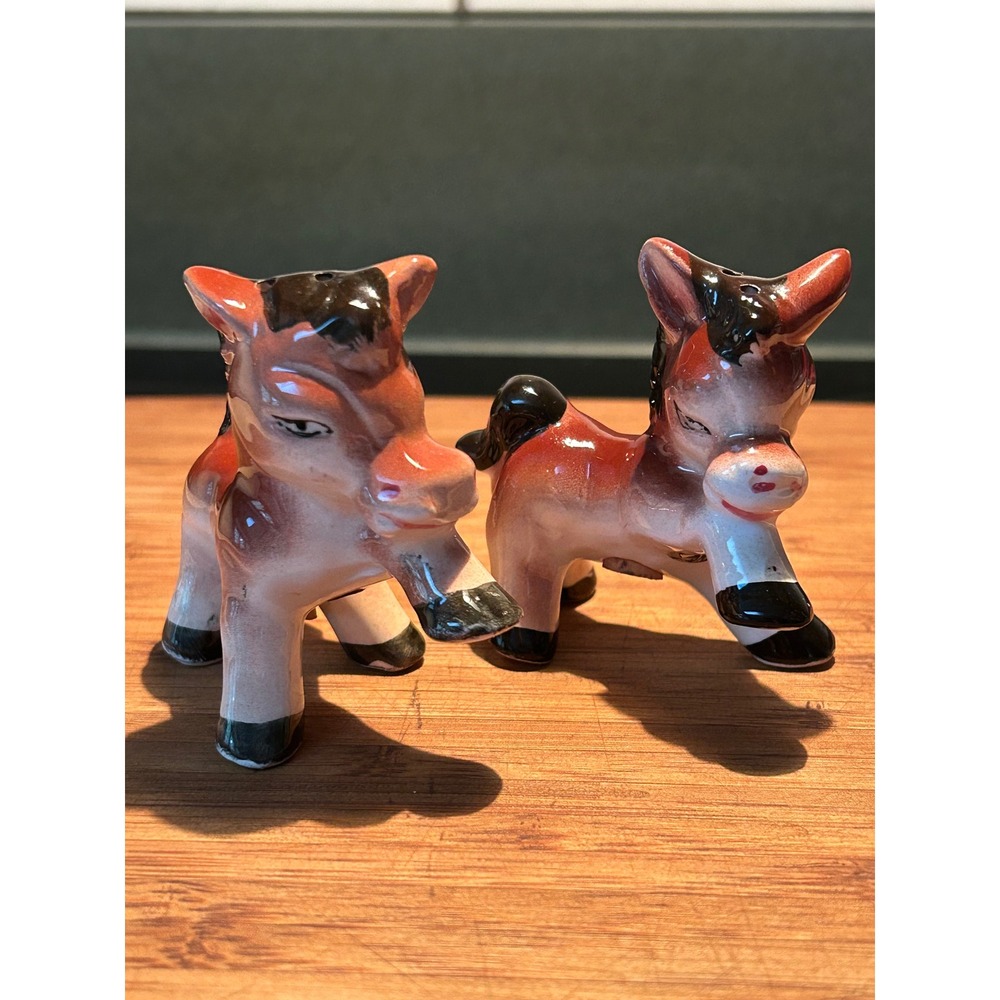 Vintage Donkey Salt and Pepper Shakers Ceramic Mid Century Burro Figurines Brown